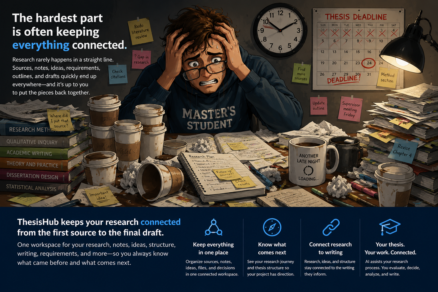 Overwhelmed Master's student surrounded by scattered research papers, books, notes, coffee cups, and an approaching thesis deadline.