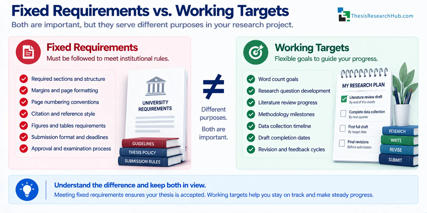 Illustration comparing fixed thesis requirements that must be followed with flexible working targets used to plan research progress.